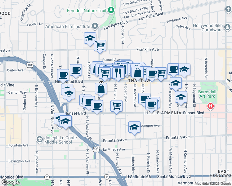 map of restaurants, bars, coffee shops, grocery stores, and more near 1635 North Hobart Boulevard in Los Angeles
