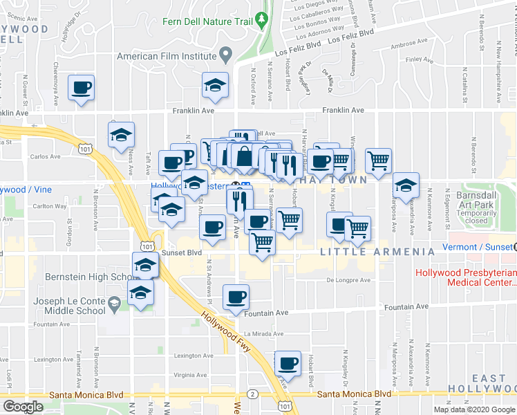 map of restaurants, bars, coffee shops, grocery stores, and more near 5427 Carlton Way in Los Angeles