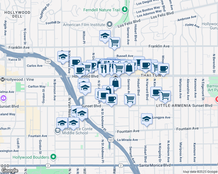 map of restaurants, bars, coffee shops, grocery stores, and more near 5508 Hollywood Boulevard in Los Angeles