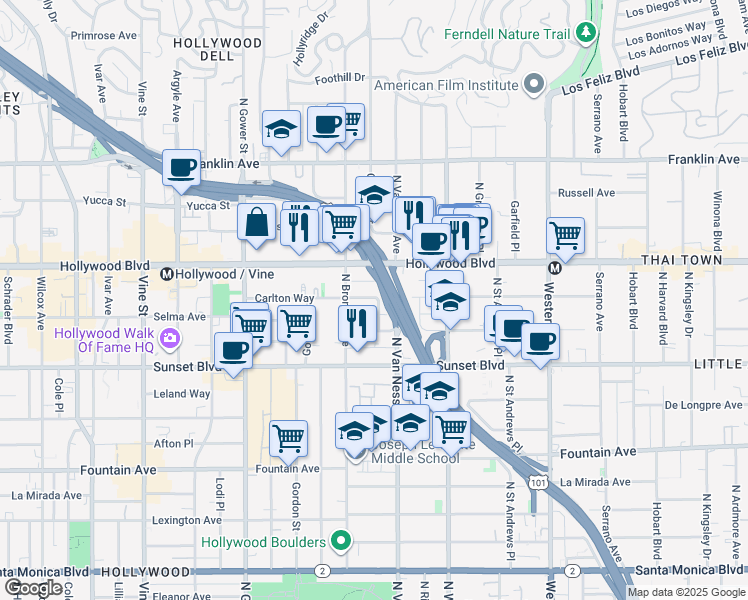 map of restaurants, bars, coffee shops, grocery stores, and more near 5831 Carlton Way in Los Angeles