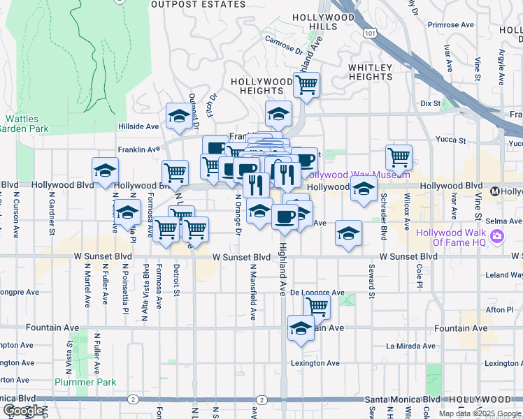 map of restaurants, bars, coffee shops, grocery stores, and more near 311 Hollywood Boulevard in Los Angeles