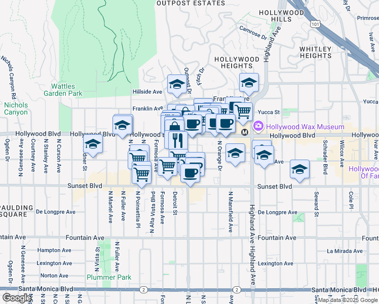 map of restaurants, bars, coffee shops, grocery stores, and more near 7060 Hollywood Boulevard in Los Angeles