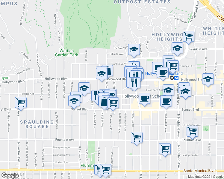 map of restaurants, bars, coffee shops, grocery stores, and more near 1636 North Fuller Avenue in Los Angeles