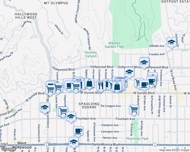 map of restaurants, bars, coffee shops, grocery stores, and more near 1635 Courtney Avenue in Los Angeles