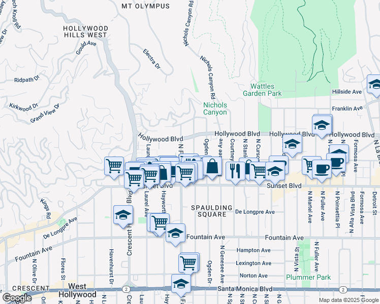 map of restaurants, bars, coffee shops, grocery stores, and more near 1637 North Orange Grove Avenue in Los Angeles