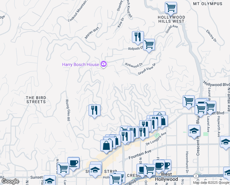 map of restaurants, bars, coffee shops, grocery stores, and more near 8575 Franklin Avenue in Los Angeles