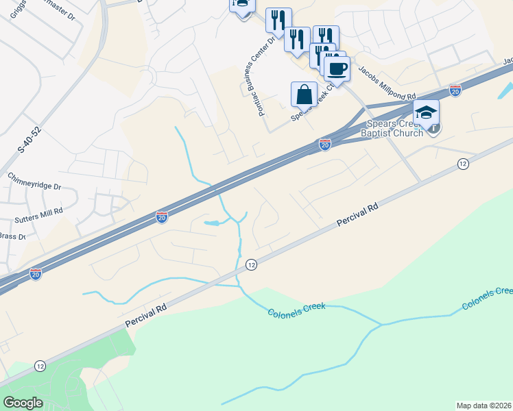map of restaurants, bars, coffee shops, grocery stores, and more near Interstate 20 in Columbia
