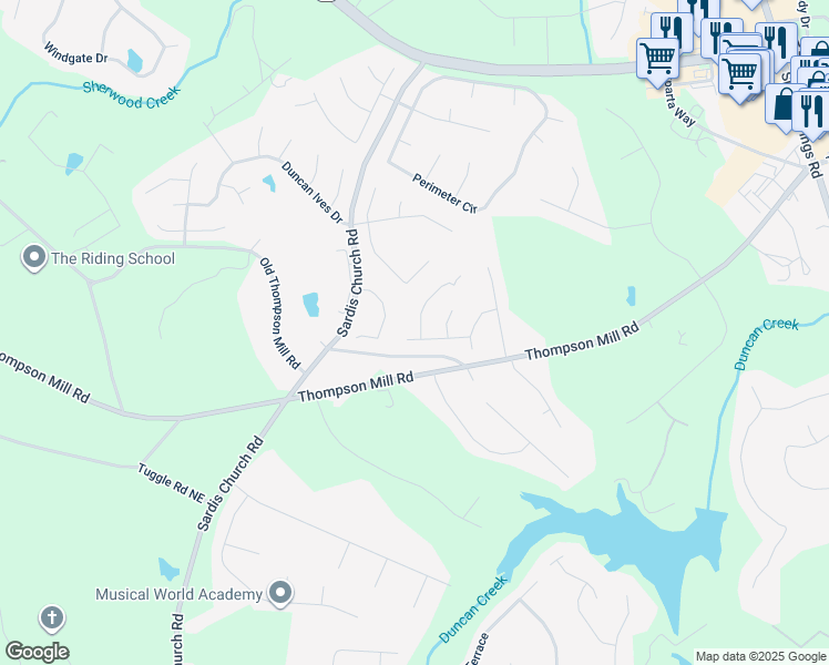 map of restaurants, bars, coffee shops, grocery stores, and more near 2671 Moon Chase Lane in Buford
