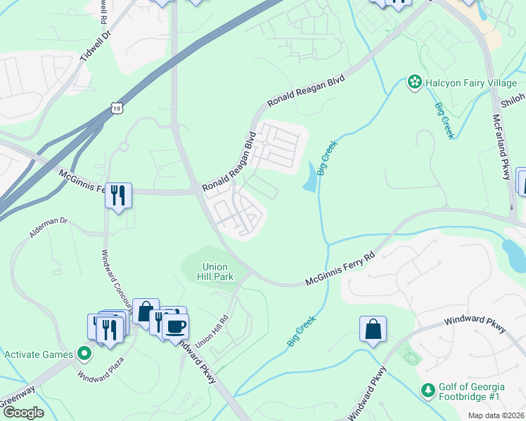 map of restaurants, bars, coffee shops, grocery stores, and more near 7980 Willoughby Court in Alpharetta