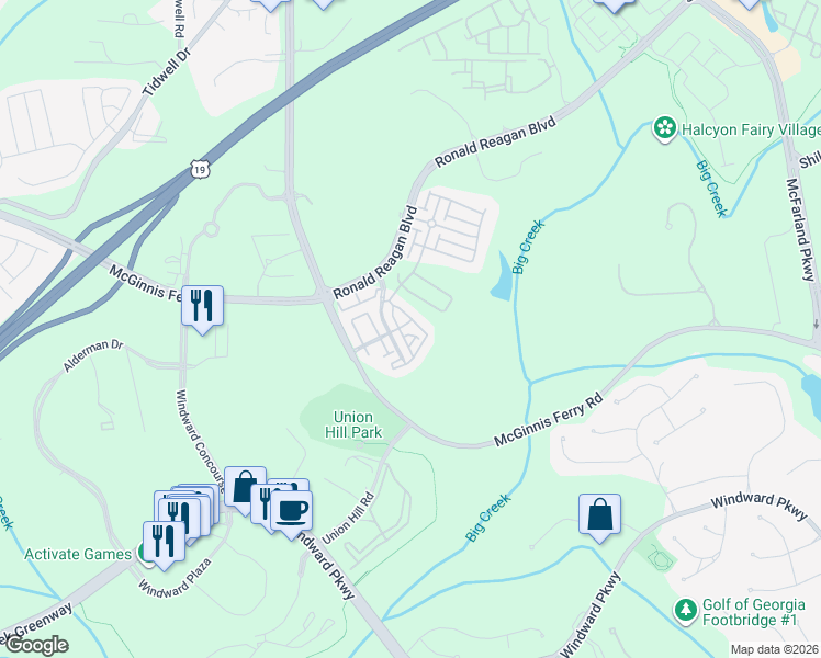 map of restaurants, bars, coffee shops, grocery stores, and more near 7505 Penniman Drive in Alpharetta