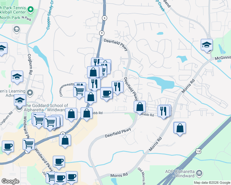 map of restaurants, bars, coffee shops, grocery stores, and more near 631 Sandringham Drive in Alpharetta