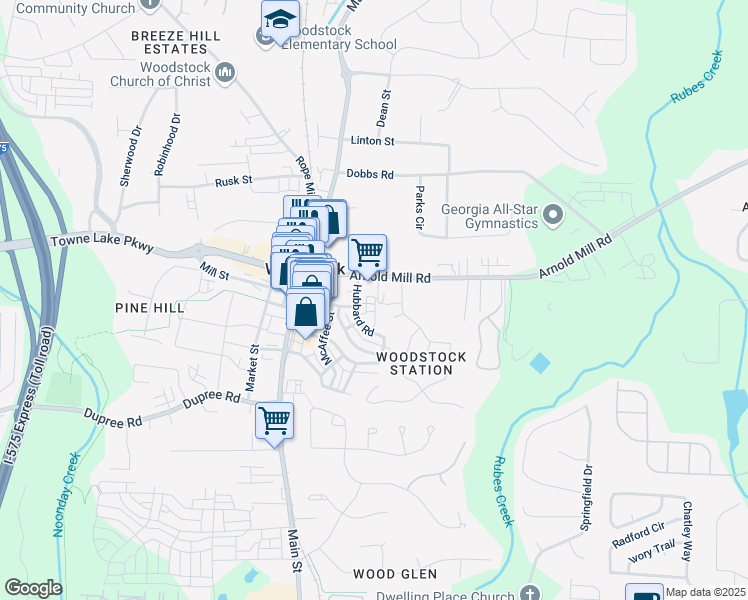 map of restaurants, bars, coffee shops, grocery stores, and more near 727 Hammond Drive in Woodstock