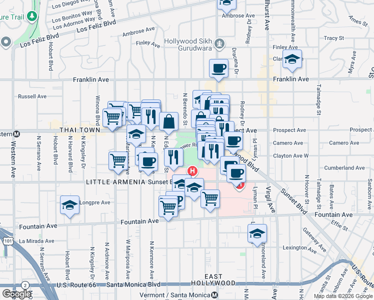 map of restaurants, bars, coffee shops, grocery stores, and more near 4800 Hollywood Boulevard in Los Angeles