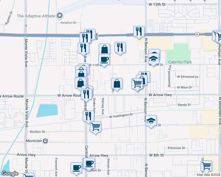 map of restaurants, bars, coffee shops, grocery stores, and more near 8458 Loma Place in Upland