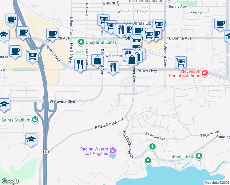 map of restaurants, bars, coffee shops, grocery stores, and more near 525 San Marcos Road in San Dimas