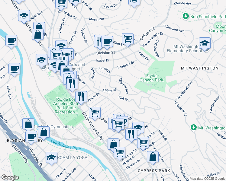 map of restaurants, bars, coffee shops, grocery stores, and more near 3110 Future Street in Los Angeles