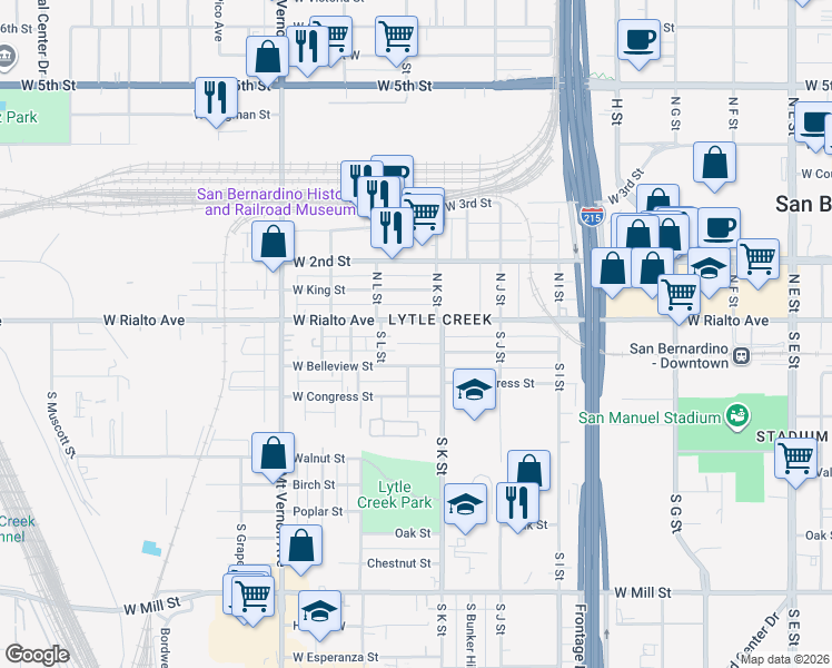 map of restaurants, bars, coffee shops, grocery stores, and more near 1129 West Rialto Avenue in San Bernardino