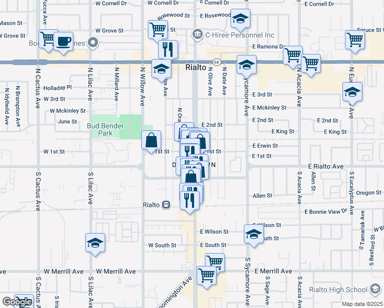 map of restaurants, bars, coffee shops, grocery stores, and more near 2 South Riverside Avenue in Rialto
