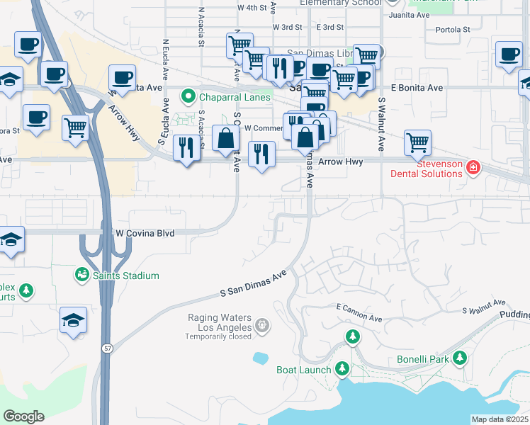 map of restaurants, bars, coffee shops, grocery stores, and more near 525 San Marcos Road in San Dimas