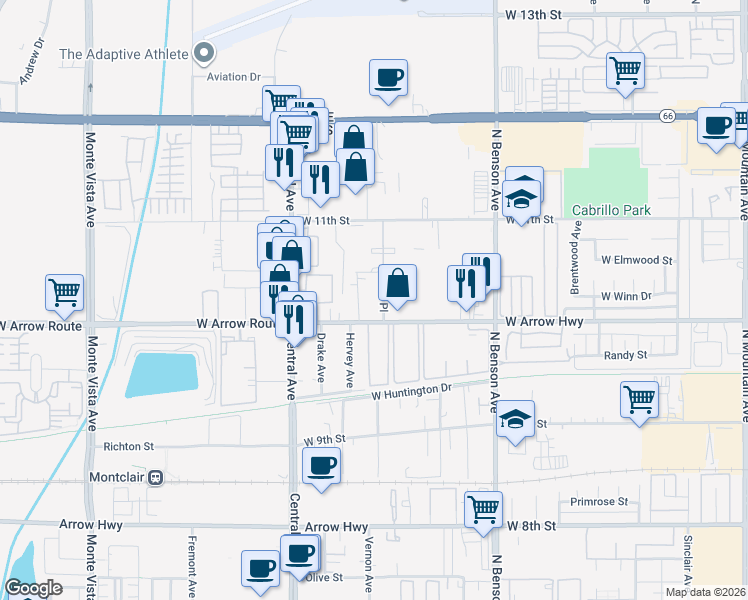 map of restaurants, bars, coffee shops, grocery stores, and more near 8458 Loma Place in Upland