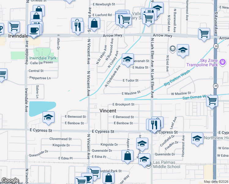 map of restaurants, bars, coffee shops, grocery stores, and more near 16569 East Masline Street in Covina