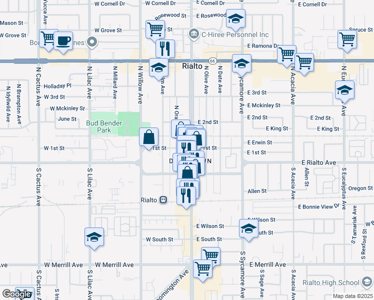 map of restaurants, bars, coffee shops, grocery stores, and more near 112N Riverside Avenue in Rialto