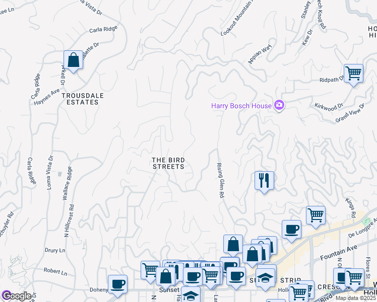 map of restaurants, bars, coffee shops, grocery stores, and more near 1536 Blue Jay Way in Los Angeles