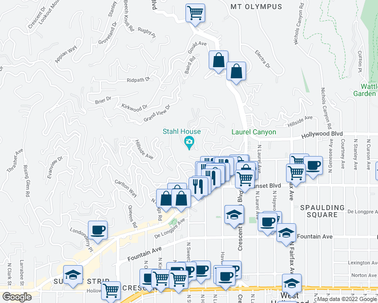 map of restaurants, bars, coffee shops, grocery stores, and more near 1636 Woods Drive in Los Angeles