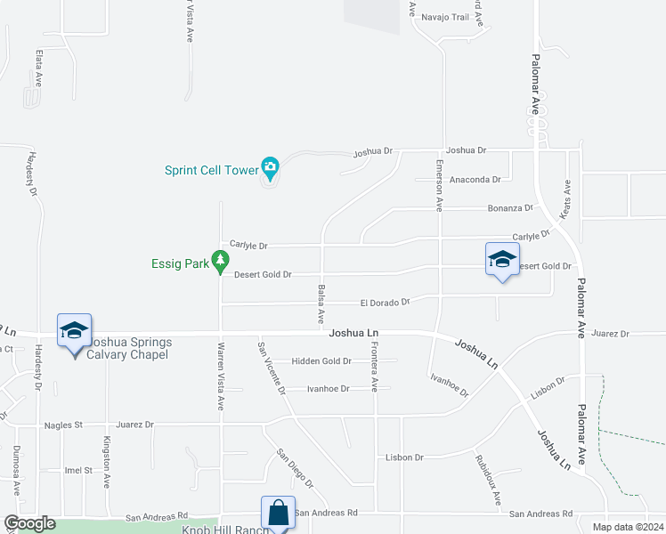 map of restaurants, bars, coffee shops, grocery stores, and more near 57946 Desert Gold Drive in Yucca Valley