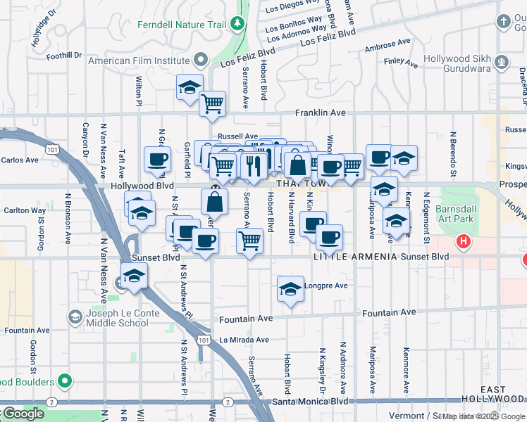 map of restaurants, bars, coffee shops, grocery stores, and more near 1615 North Hobart Boulevard in Los Angeles