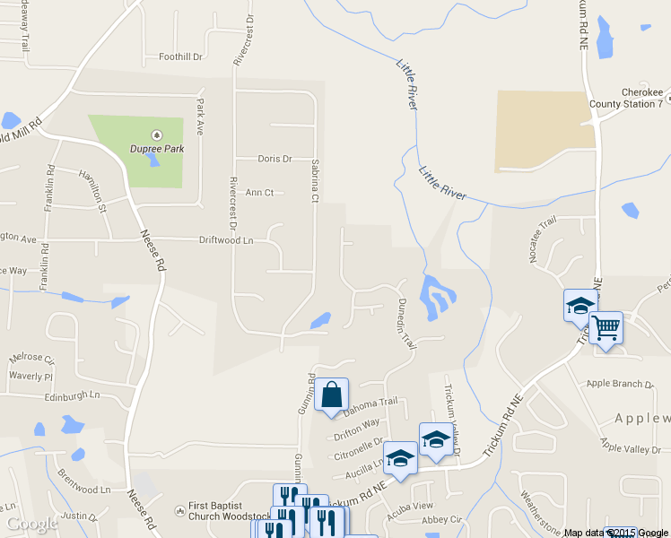 map of restaurants, bars, coffee shops, grocery stores, and more near 1129 Dunedin Trail in Woodstock
