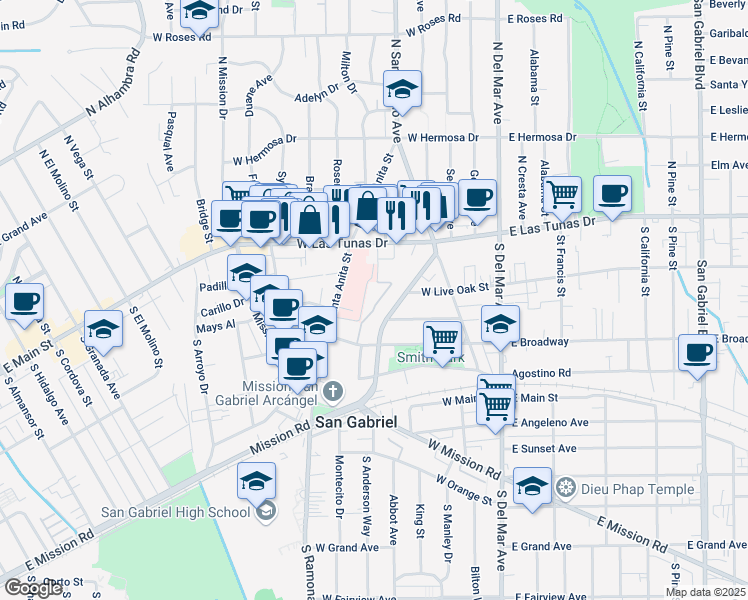 map of restaurants, bars, coffee shops, grocery stores, and more near 234 de Anza Street in San Gabriel