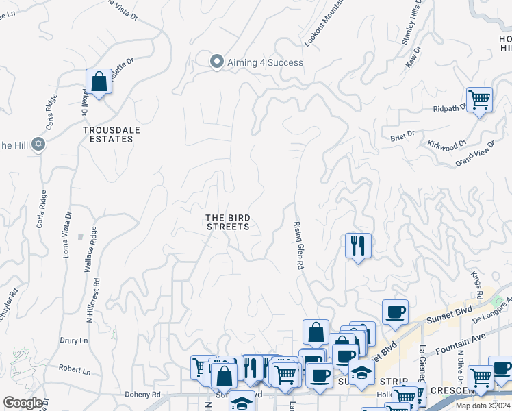 map of restaurants, bars, coffee shops, grocery stores, and more near 1536 Blue Jay Way in Los Angeles