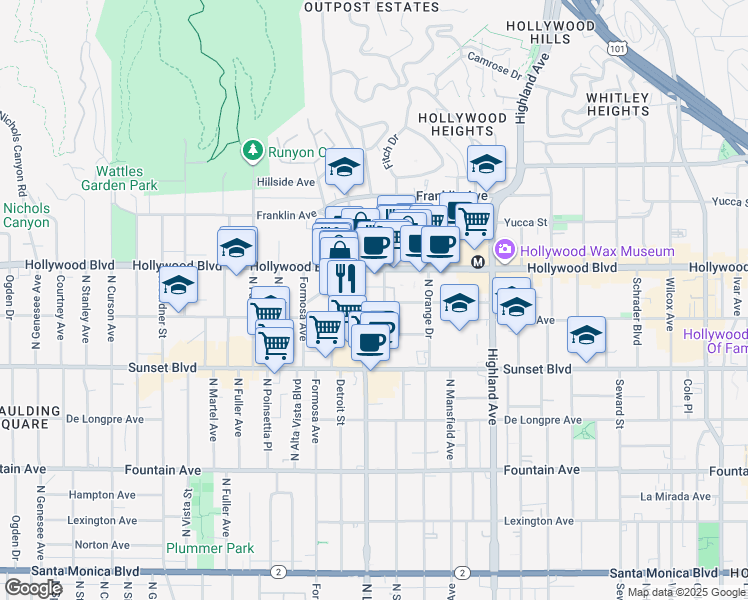 map of restaurants, bars, coffee shops, grocery stores, and more near 7060 Hollywood Boulevard in Los Angeles