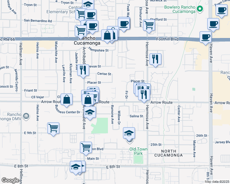 map of restaurants, bars, coffee shops, grocery stores, and more near 9888 Arrow Route in Rancho Cucamonga