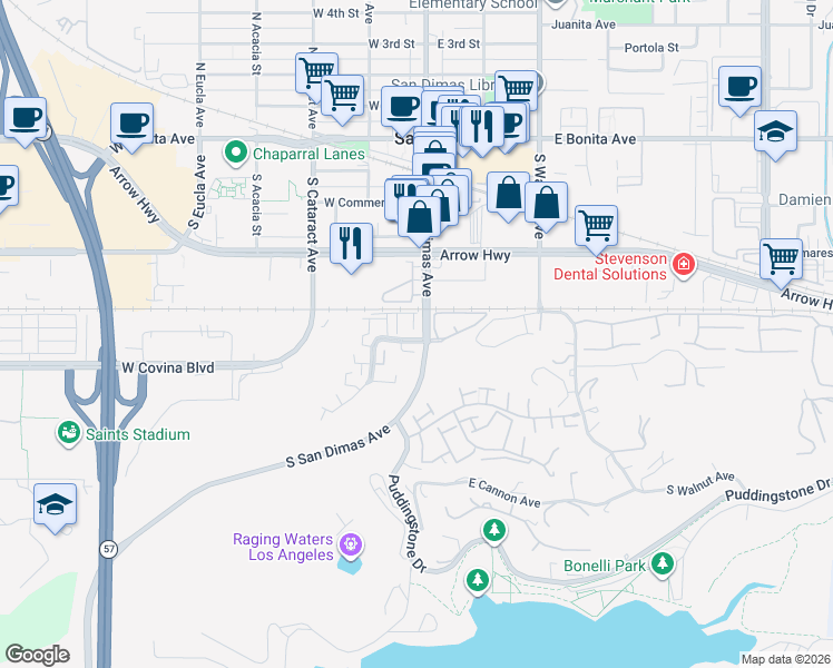 map of restaurants, bars, coffee shops, grocery stores, and more near 514 San Pablo Court in San Dimas