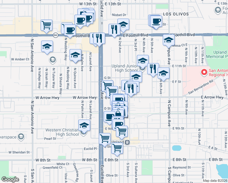 map of restaurants, bars, coffee shops, grocery stores, and more near 562 North 1st Avenue in Upland
