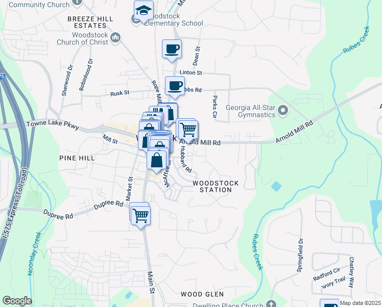 map of restaurants, bars, coffee shops, grocery stores, and more near 727 Hammond Drive in Woodstock