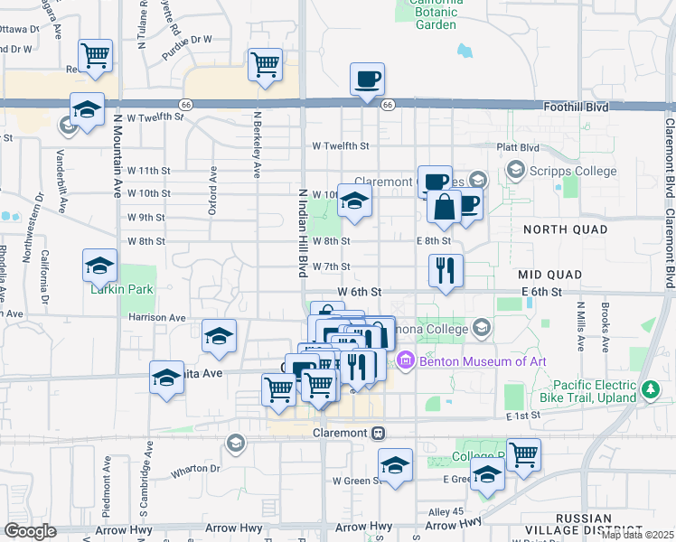 map of restaurants, bars, coffee shops, grocery stores, and more near 719 Yale Avenue in Claremont