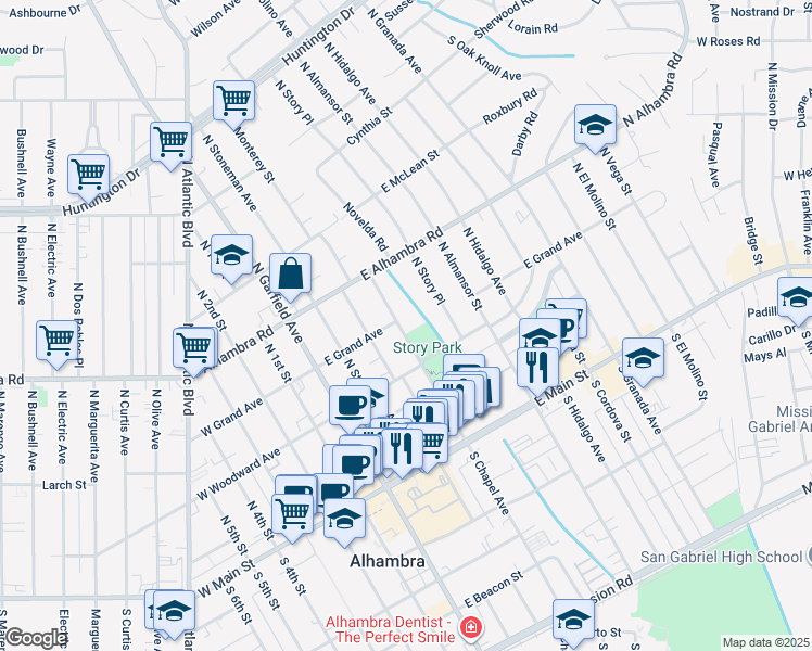 map of restaurants, bars, coffee shops, grocery stores, and more near 336 North Chapel Avenue in Alhambra