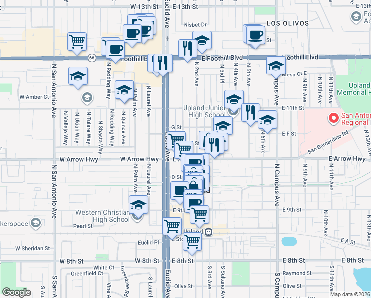 map of restaurants, bars, coffee shops, grocery stores, and more near 562 North 1st Avenue in Upland