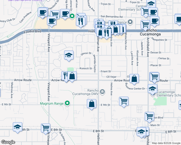 map of restaurants, bars, coffee shops, grocery stores, and more near 9448 Calle Vejar in Rancho Cucamonga