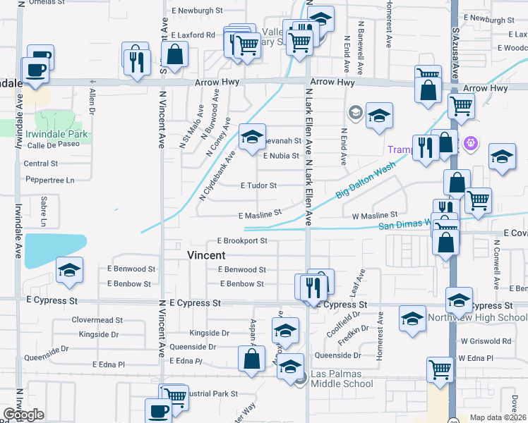 map of restaurants, bars, coffee shops, grocery stores, and more near 16715 East Masline Street in Covina