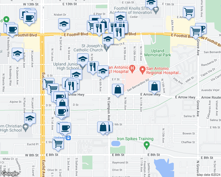 map of restaurants, bars, coffee shops, grocery stores, and more near 534 North Campus Avenue in Upland