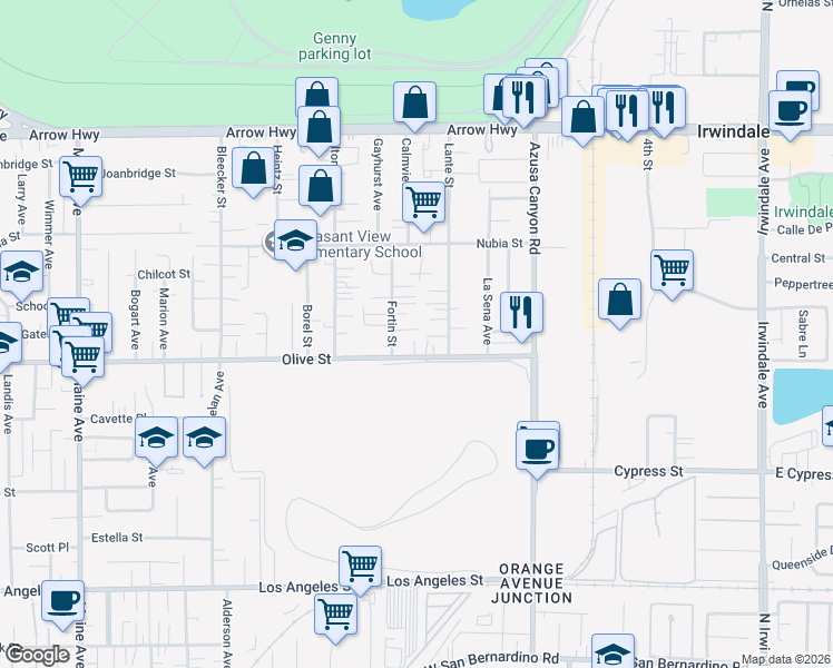 map of restaurants, bars, coffee shops, grocery stores, and more near 15188 Masline Street in Baldwin Park