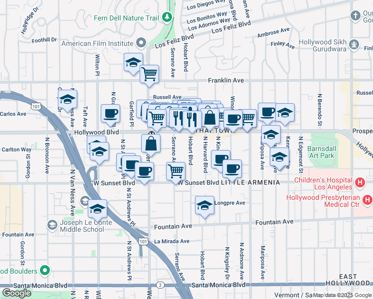map of restaurants, bars, coffee shops, grocery stores, and more near 1619 North Hobart Boulevard in Los Angeles