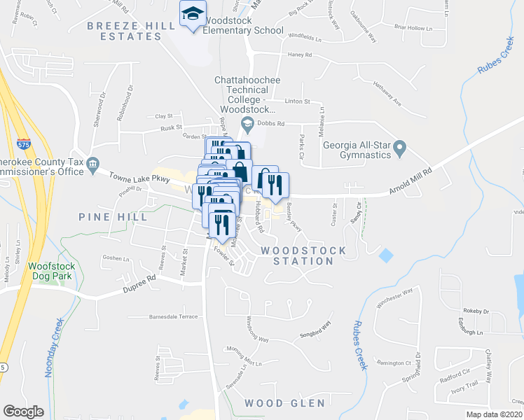 map of restaurants, bars, coffee shops, grocery stores, and more near 511 Carpenter Way in Woodstock