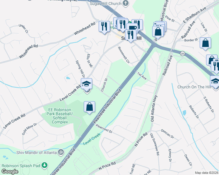 map of restaurants, bars, coffee shops, grocery stores, and more near 1052-1124 Peachtree Industrial Boulevard in Sugar Hill