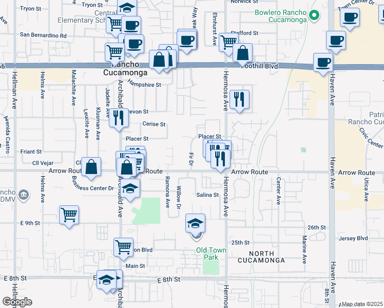 map of restaurants, bars, coffee shops, grocery stores, and more near 8389 Fir Drive in Rancho Cucamonga
