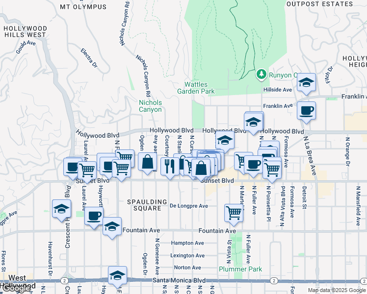 map of restaurants, bars, coffee shops, grocery stores, and more near 1620 North Stanley Avenue in Los Angeles
